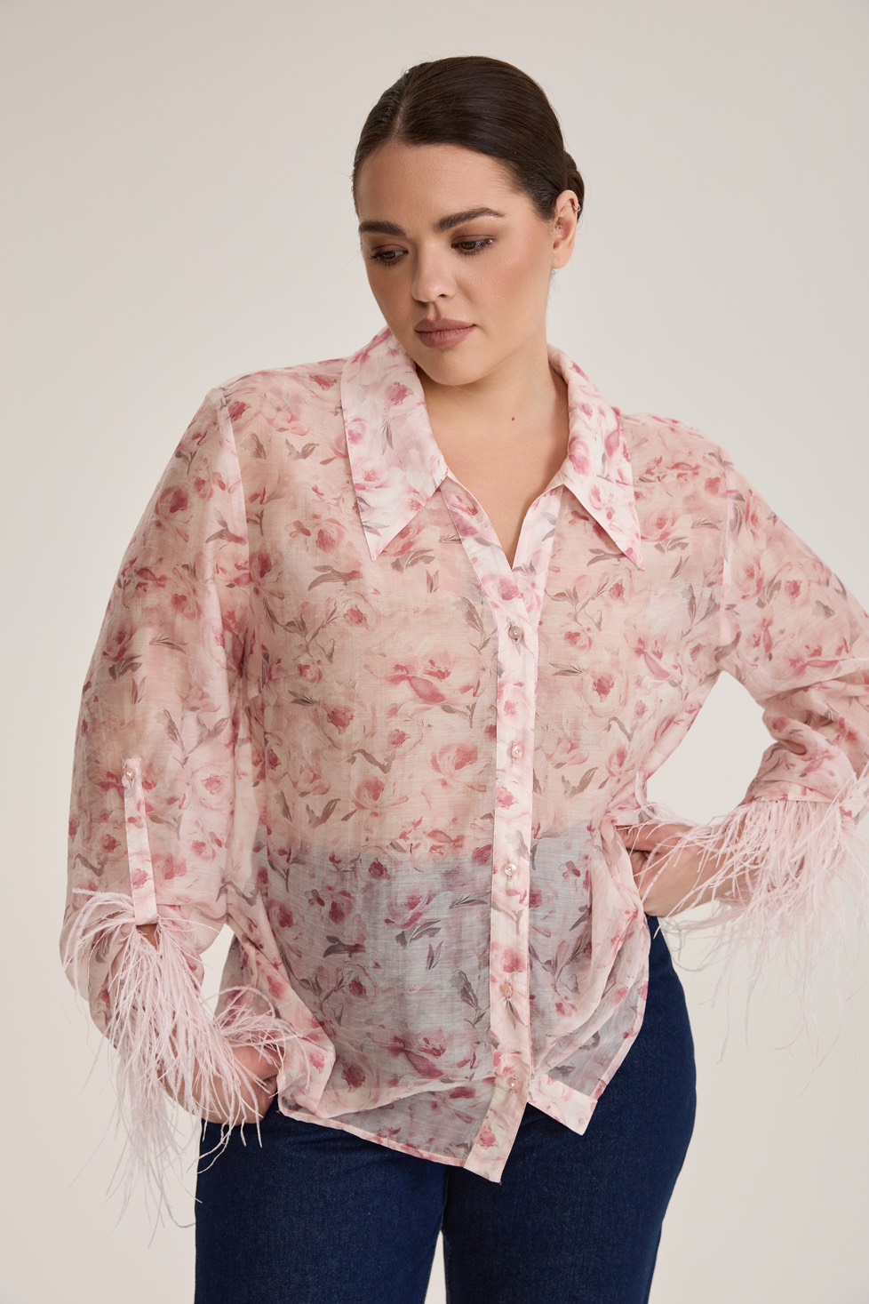Блузка из тенселя с перьями, цветочный принт, розовый
