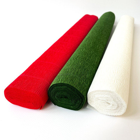Гофрированная бумага плотная, Набор 3 рулона, Красный, Зеленый, Белый,  размеры 50*250 см, 180 г/кв.м.