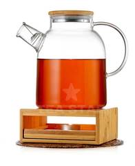Стеклянный заварочный чайник с подогревом на бамбуковой подставке, 1,5 литра