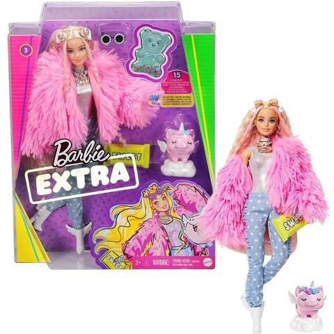 Барби Экстра 3 в Розовом Пушистом Пальто с Единорогом-Свиньей