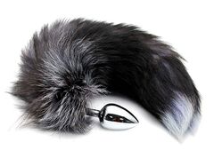 Серебристая анальная пробка с темным лисьим хвостом Black & White Fox Tail Size M - 
