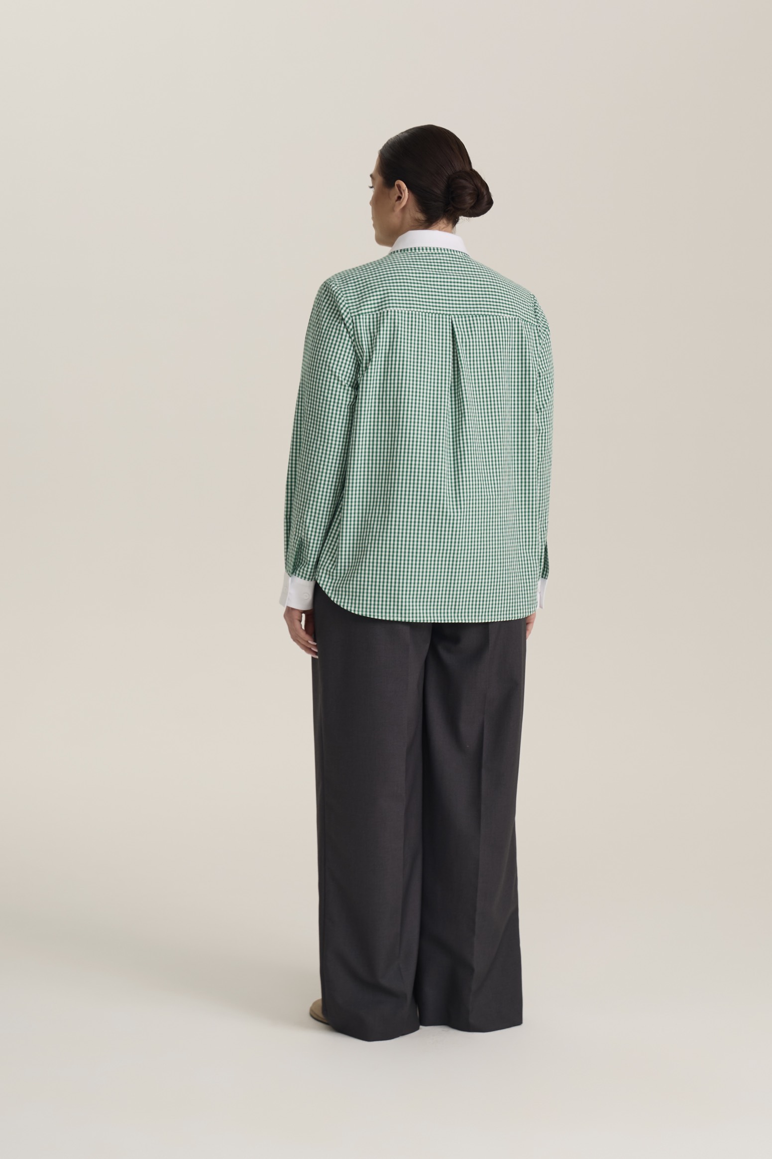 Рубашка в клетку с белым воротником, зеленый