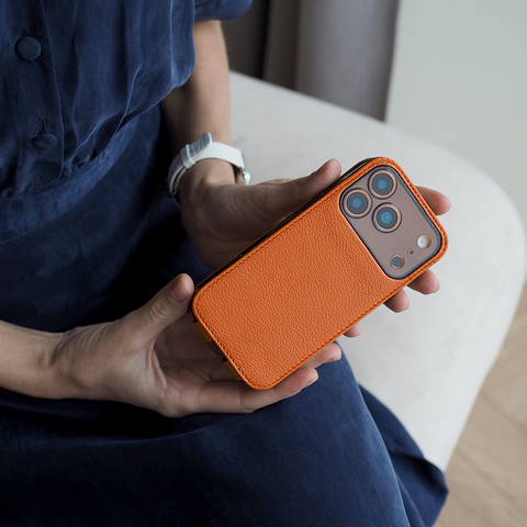 Чехол iPhone 17 Pro натуральная кожа козы, оранжевого цвета