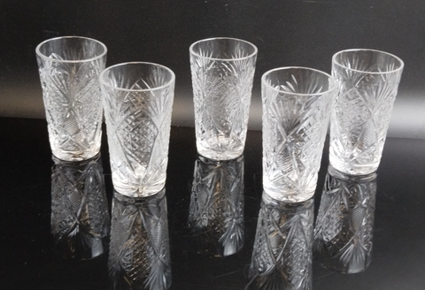 Стопки хрустальные набор из 5 штук, алмазная грань, геометрический орнамент, 8.5 см, винтаж СССР 1970-1990 гг