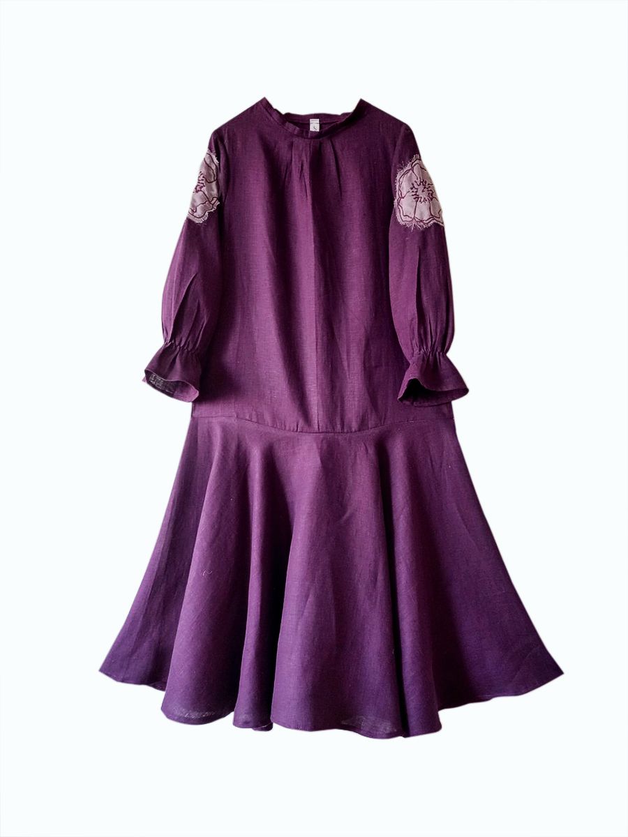 ❀ Роза. Платье льняное с вышивкой, длина-миди с рукавом  и пышной юбкой PL-42-53102