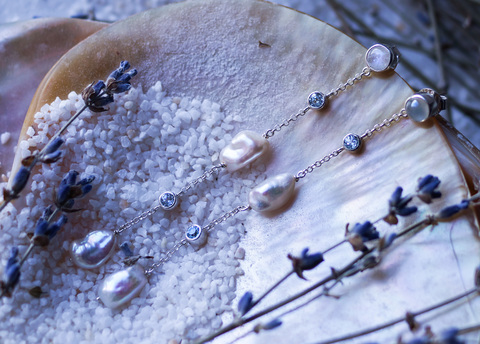 Длинные серебряные серьги с барочным жемчугом, топазом, лунным камнем