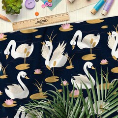 Ткань таффета белые лебеди с кувшинками на чёрном фоне