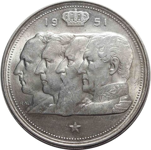 100 франков. Короли Бельгии. Бельгия. 1951 год Серебро. XF-AU