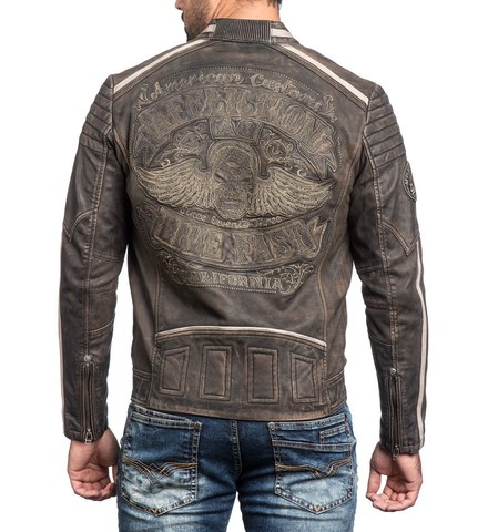 Afflction | Куртка кожаная мужская Black Skull 110OW234 спина на модели