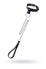 Черный узкий однослойный ошейник с серебристым поводком-цепочкой