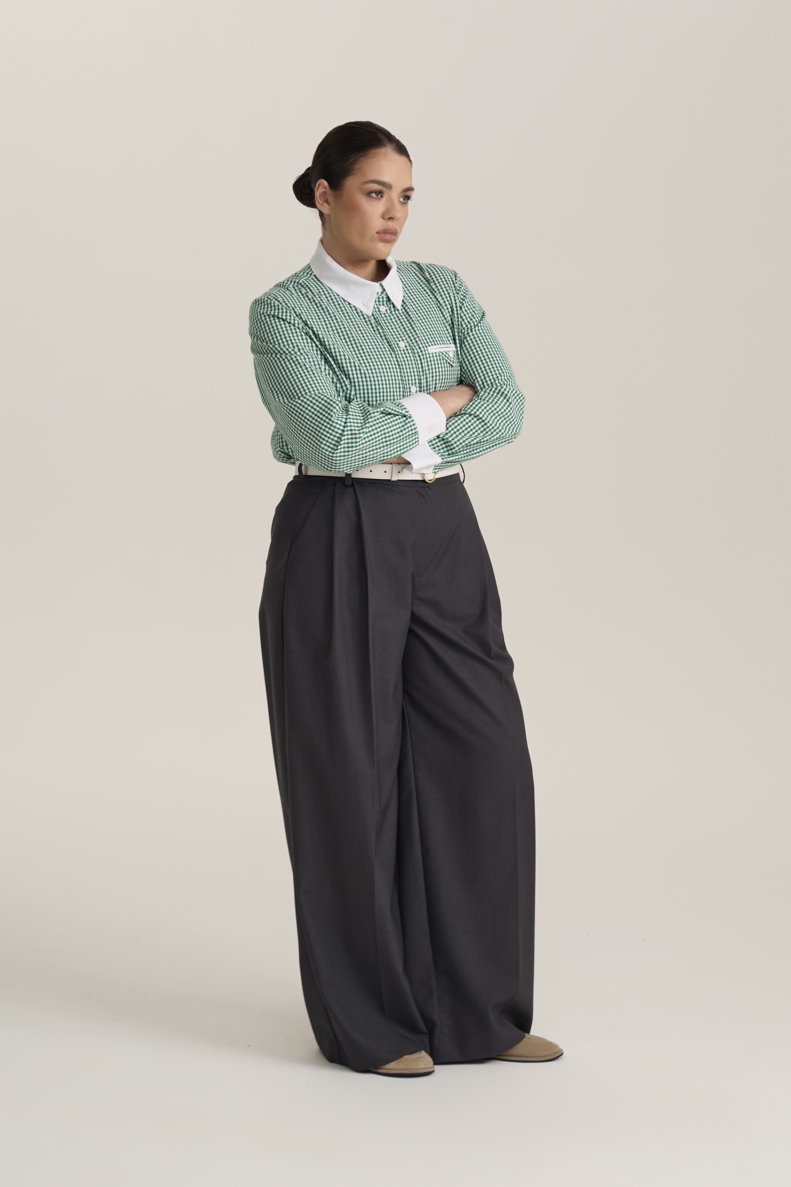 Рубашка в клетку с белым воротником, зеленый