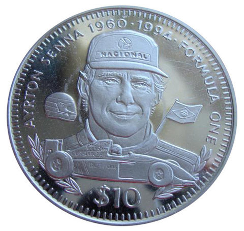 Либерия 10 долларов 1996 Автогонщик Айртон Сенна Формула-1 СЕРЕБРО