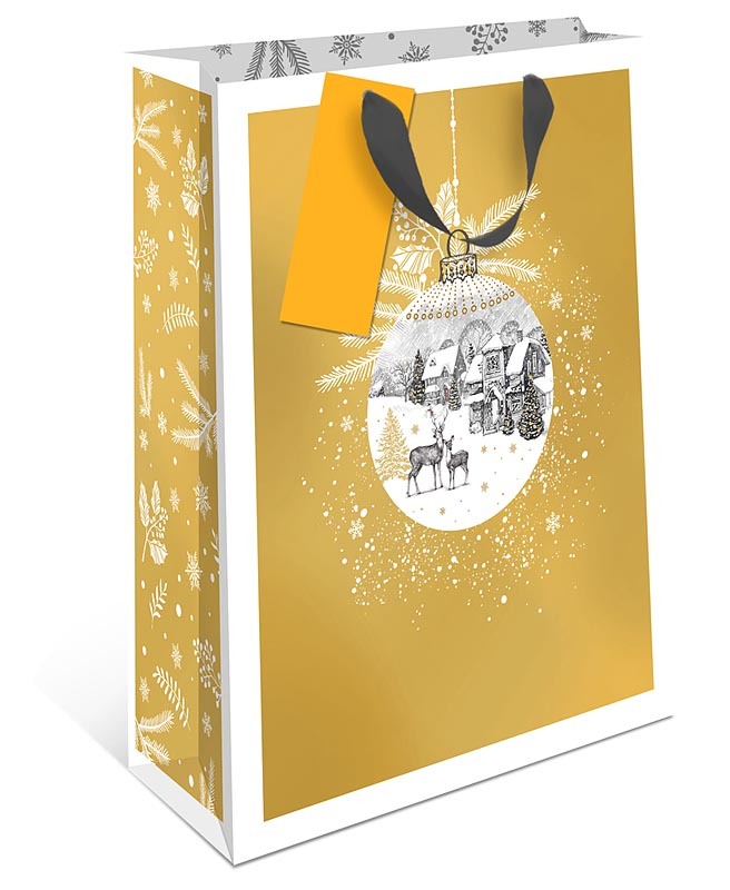 Пакет подарочный S вертикальный, Елочный шар, Зимняя сказка, Золото, Металлик, 18*22*10 см (Д*В*Ш).