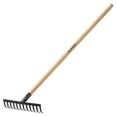 GRINDA GT-12 WOOD, 310 х 80 х 1300 мм, 12 прямых зубцов, углерод. сталь, антикор. покрытие, черенок дерев. высш. сорт, садовые грабли (39583-12)