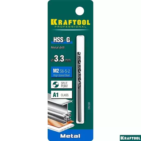 KRAFTOOL HSS-G, 3.3 х 65 мм, сталь P6M5, сверло по металлу (29651-3.3)