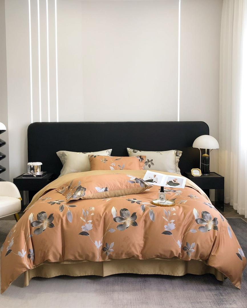 Постельное белье ЕВРО (двуспалка) Египетский Хлопок Оранжевый цветы