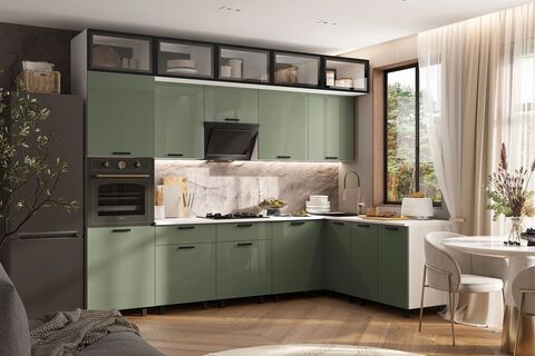 Кухня Техно 3,0х1,8/1080м Компоновка №8 (Олива глянец, Белый (Антарес))