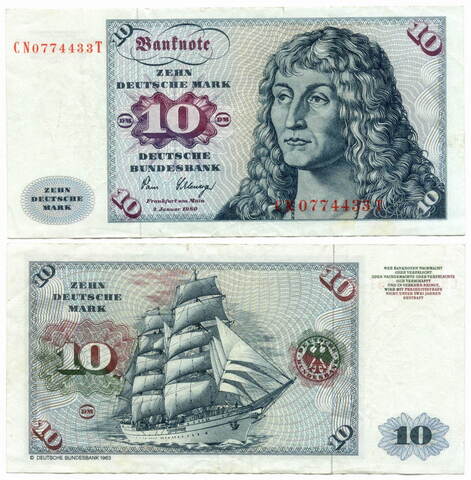 Банкнота Германия-ФРГ 10 марок 1963 (1980) год. VF-XF