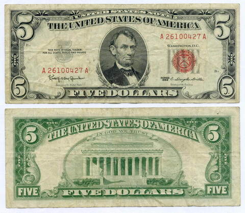 Банкнота США 5 долларов 1963 A 26100427 A. F-VF (красная печать)