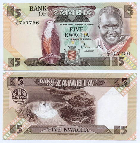 Банкнота Замбия 5 квача 1980 год 17/C 757756. UNC