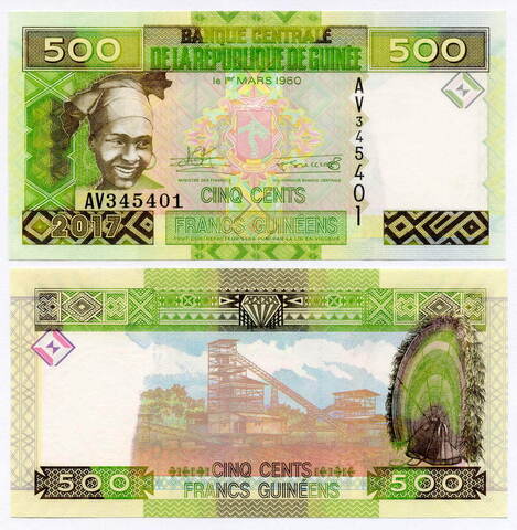 Банкнота Гвинея 500 франков 2017 год AV 345401. UNC