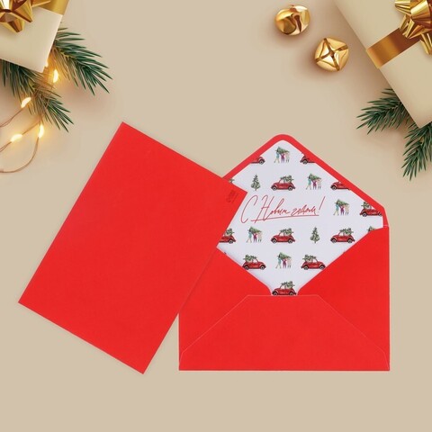 Конверт бумажный, Новогодние машинки, Красный, 16*11 см, 1 шт.