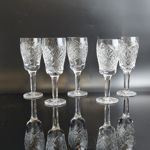 Фужеры хрустальные набор из 5 штук на ножке, алмазная грань, геометрический орнамент, 12.5 см, винтаж СССР 1970-1990 гг