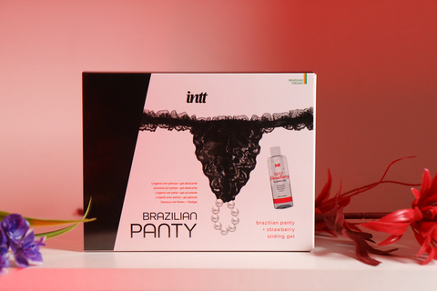 Набор Brazilian Panty: черные трусики со стимулирующими бусинами и массажный гель Sliding Gel Strawberry