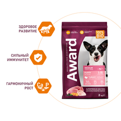 AWARD сухой корм для щенков, беременных и кормящих средних пород (индейка, курица) 2кг