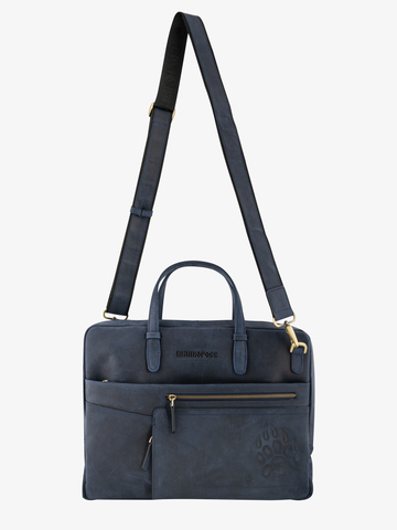 Кожаный портфель универсальный, компактный синего цвета (кожа Крейзи)
