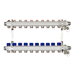 Коллектор распределительный Ридан SSM-10R set с кронштейнами, ручным воздухоотводчиком, сливным краном и торцевой заглушкой, 10 выходами