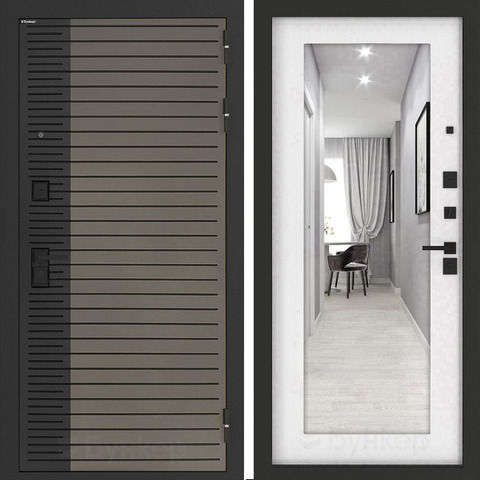 Входная металлическая дверь с зеркалом Бункер HIT Хит B-15 Веллюто кофе / зеркало ФЛЗ - 603 Белое дерево