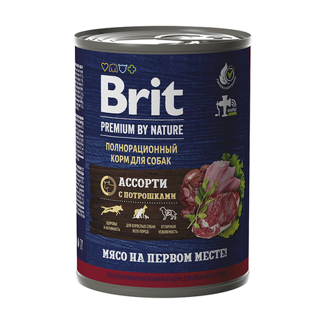 Влажный корм Brit Premium by Nature с мясным ассорти с потрошками, для собак всех пород, 410 г.