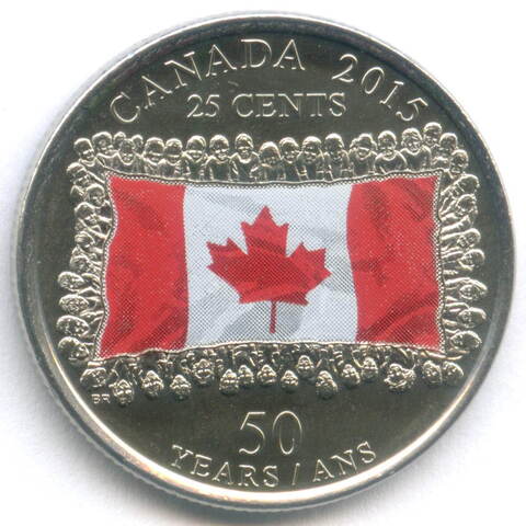 25 центов 2015 год. Канада. 50 лет флагу Канады. UNC (цветная)