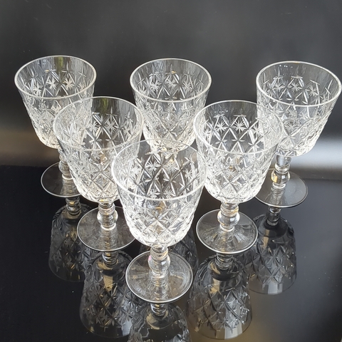 Хрустальные бокалы набор из 6 штук на изящной ножке, алмазная грань, геометрический орнамент, (объём-? мл), винтаж СССР 1970-1990 гг