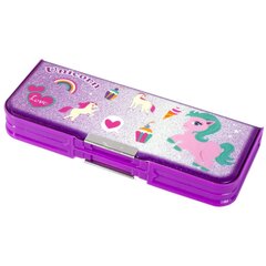 Пенал 2 отделения Alingar, ПВХ-пластик, в комплекте точилка 90 х 235 мм, "Unicorn" фиолетовый (единорожки)