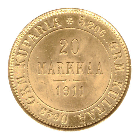 20 марок 1911 год (L). Россия для Финляндии. Золото XF-AU