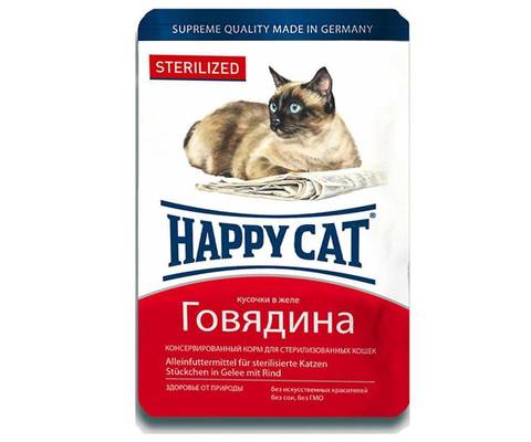 Happy Cat пауч для стерилизованных кошек (кусочки в желе, говядина) 100г