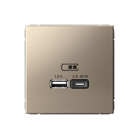 Розетка зарядное устройство USB 2 разъёма тип - A/C 45 Вт c протоколом QC, PD. Цвет Шампань. Systeme electric серия ArtGallery. GAL000529
