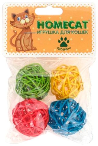 Homecat игрушка для кошек мячи из ротанга с колокольчиком 4,5 см 4 шт