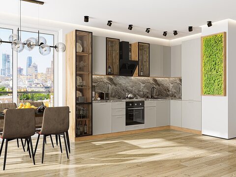 Угловая модульная кухня Квадро-04 Кашемир - Дуб Вотан 2340*3400/1600*600