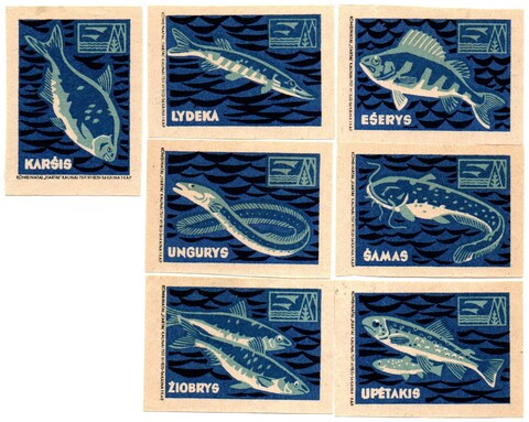 Набор спичечных этикеток - Рыбы - 7 штук - 1962 год - Фабрика Стартас Каунас