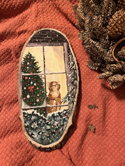 Картина маслом на спиле дерева "В ожидании Нового года"