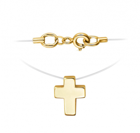 01Л031817- Минималистичный крестик из желтого золота на леске-невидимке с золотыми замочками