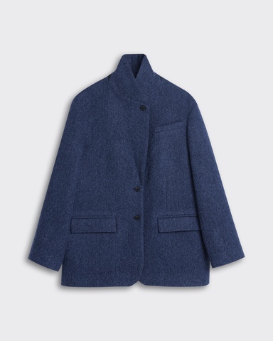Пальто-жакет из шерсти елочка темно-синий