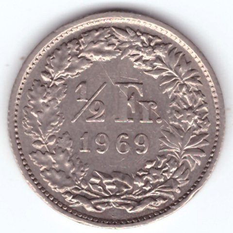 1/2 франка 1969 год. Швейцария. Медно-никель XF