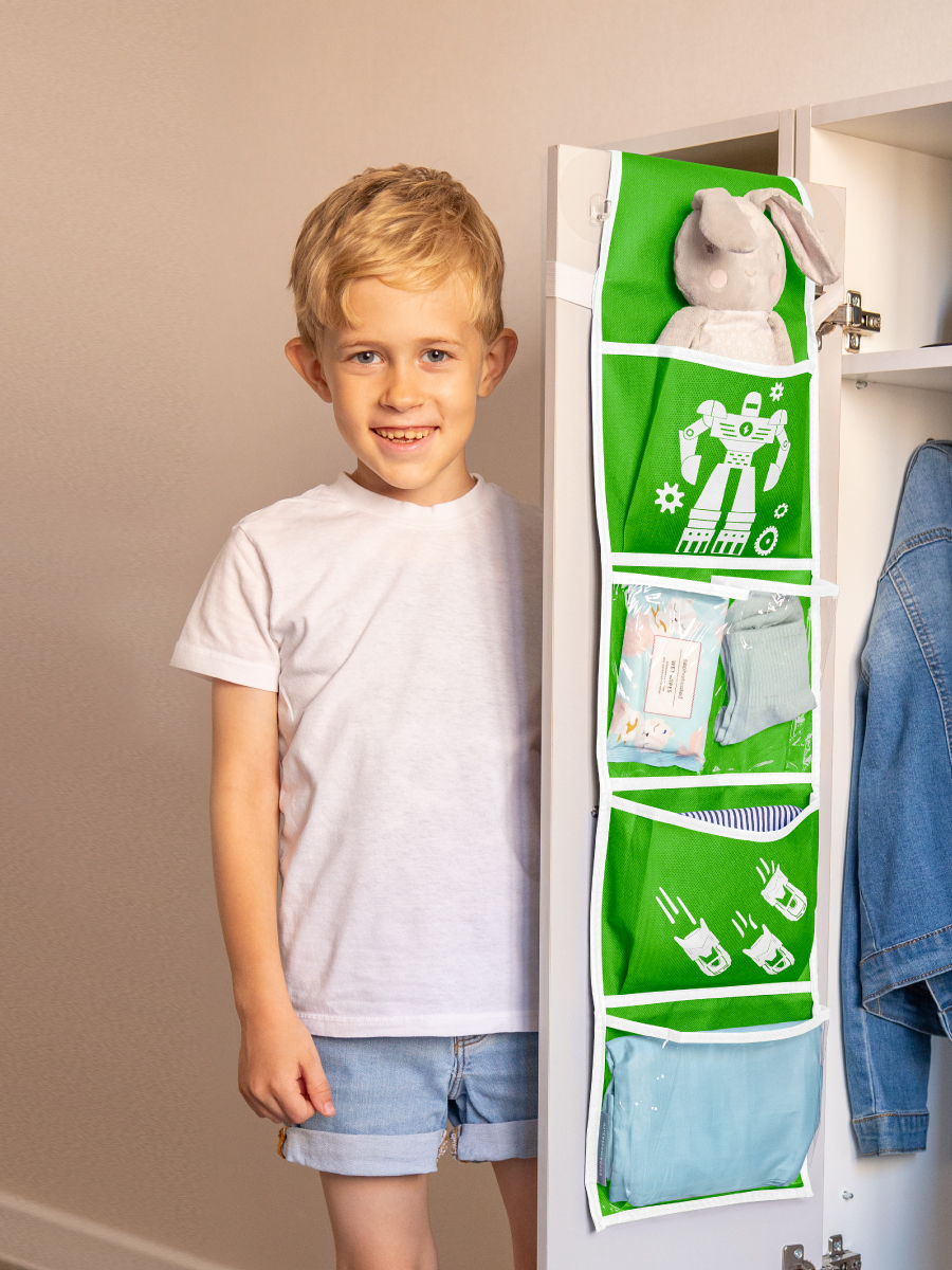 Кармашки в садик для детского шкафчика 85х20 см, Робот (зеленый)
