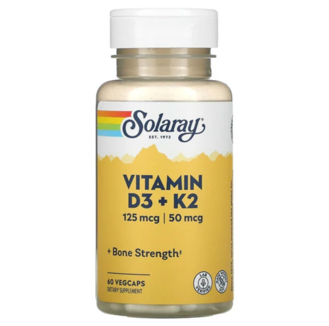 Solaray, Vitamin D3 + K2, 60 вегетарианских капсул