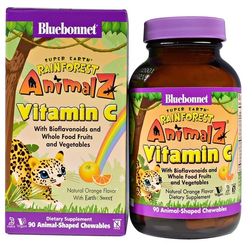 Bluebonnet Nutrition, Super Earth, Rainforest Animalz, витамин С, натуральный апельсиновый вкус, 90 жевательных таблеток в форме животных