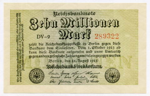 Банкнота Германия 10 миллионов (10 000 000) марок 1923 год № 289322. AUNC